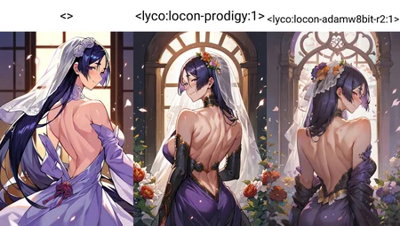 <> 1girl, minamoto no raikou \(fate\), fate/grand order, fate \(series\), back, back focus, backless dress, backless outfit, bangs, bare back, bare shoulders, black dress, blush, bridal veil, detached sleeves, dress, formal, from behind, long hair, looking at viewer, looking back, looking to the side, no bra, off-shoulder dress, off shoulder, purple dress, purple eyes, purple hair, shoulder blades, sideways glance, smile, solo, standing, veil, wedding dress, window
BREAK source_anime, score_9, score_8_up, score_7_up, score_6_up, score_5_up, score_4_up, very aesthetic, absurd res, (expert shading, flat colors), eye focus, (traditional media:0.6), official art,