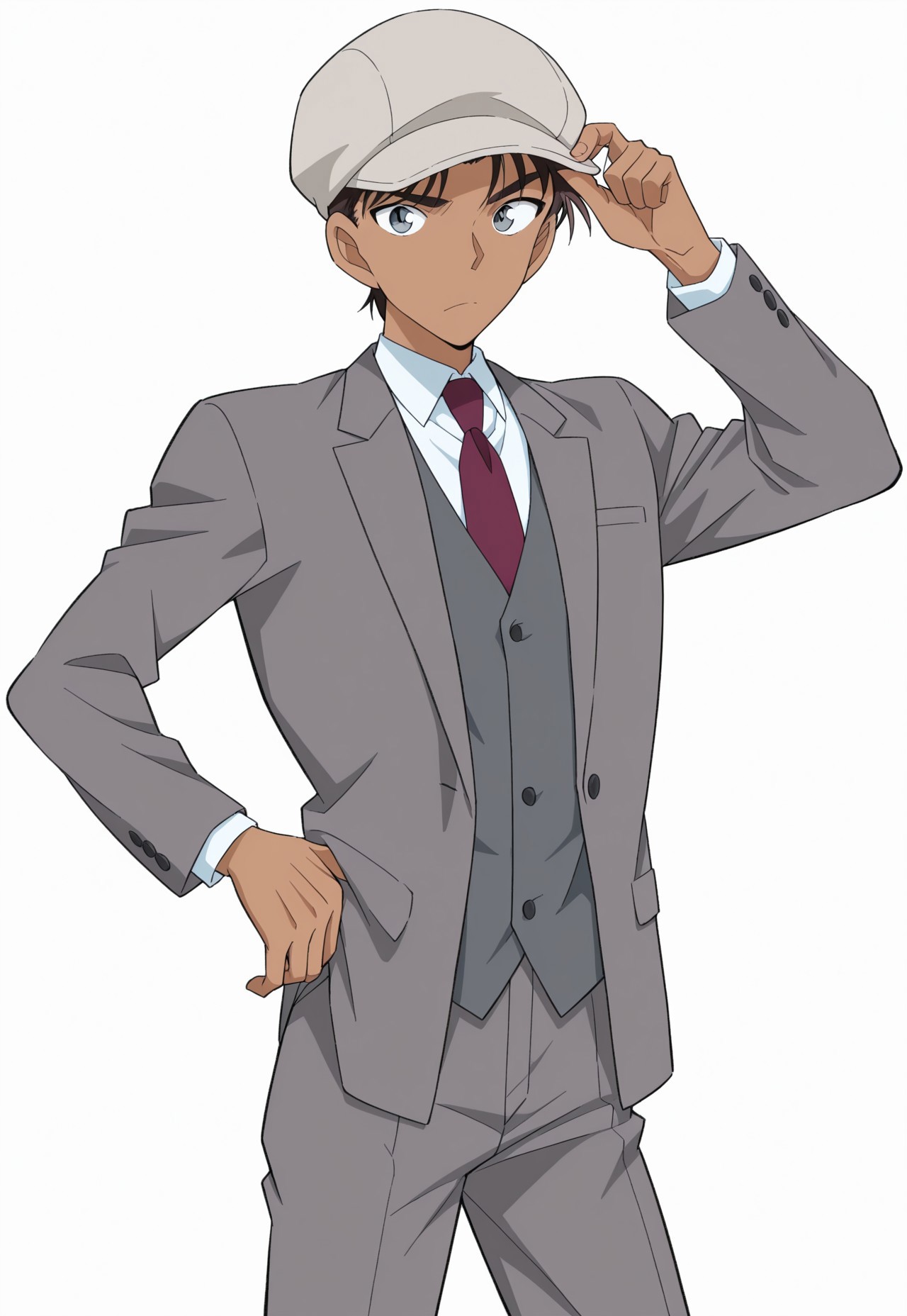 masterpiece,best quality,amazing quality, source_anime,

heijihattori, 1boy, male focus, solo, hat, hand on hip, necktie, formal, white background, suit, grey headwear, grey vest, simple background, pants, grey eyes, grey pants, looking at viewer, vest, adjusting clothes, dark skin, dark-skinned male, brown hair, cabbie hat,