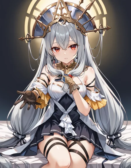 (masterpiece), (best quality), (ultra-detailed), Skalter, low twintails, very long hair, low-tied long hair, grey hair, red eyes BREAK, illustration, disheveled hair, detailed eyes, perfect composition, moist skin, intricate details, earrings, Volumetric Lighting, Skalter, low twintails, very long hair, low-tied long hair, grey hair, red eyes BREAK, light depth, dramatic atmospheric lighting, Volumetric Lighting, SBM,off-shoulder dress, two-tone dress, front ponytail, SBM phoenix crown, SBM gloves, SBM leg ribbon, leg ribbons, SBM dress BREAK, looking at viewer, sitting, upper body, coastal,hand on chest, reaching, pov, outstretched arm