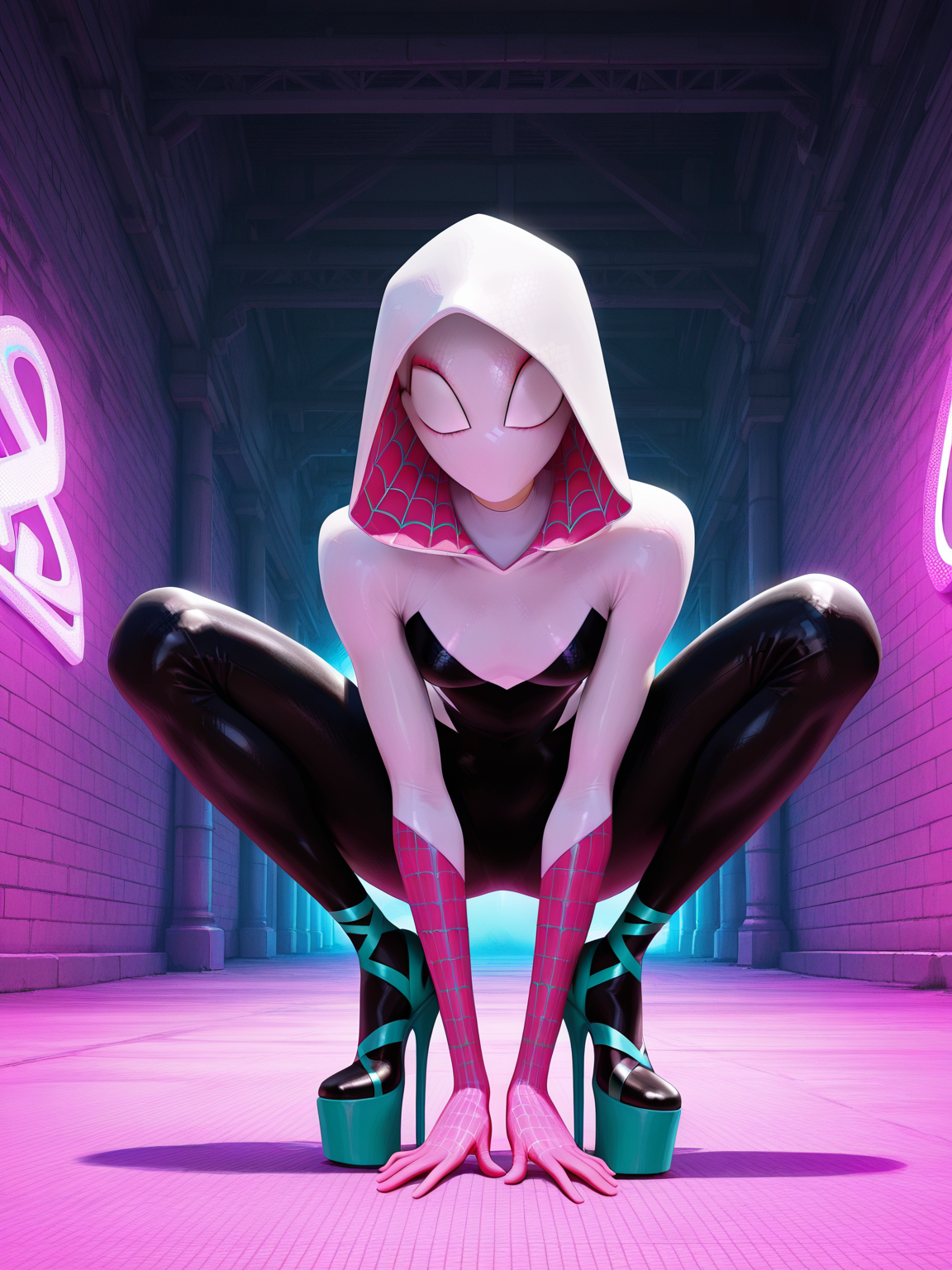<lora:Gwen_StacyIL:1>1girl, superhero suit, hood up, mask, no eyes,
looking at viewer, squatting, front view, spreading legs, platform high heels, pants