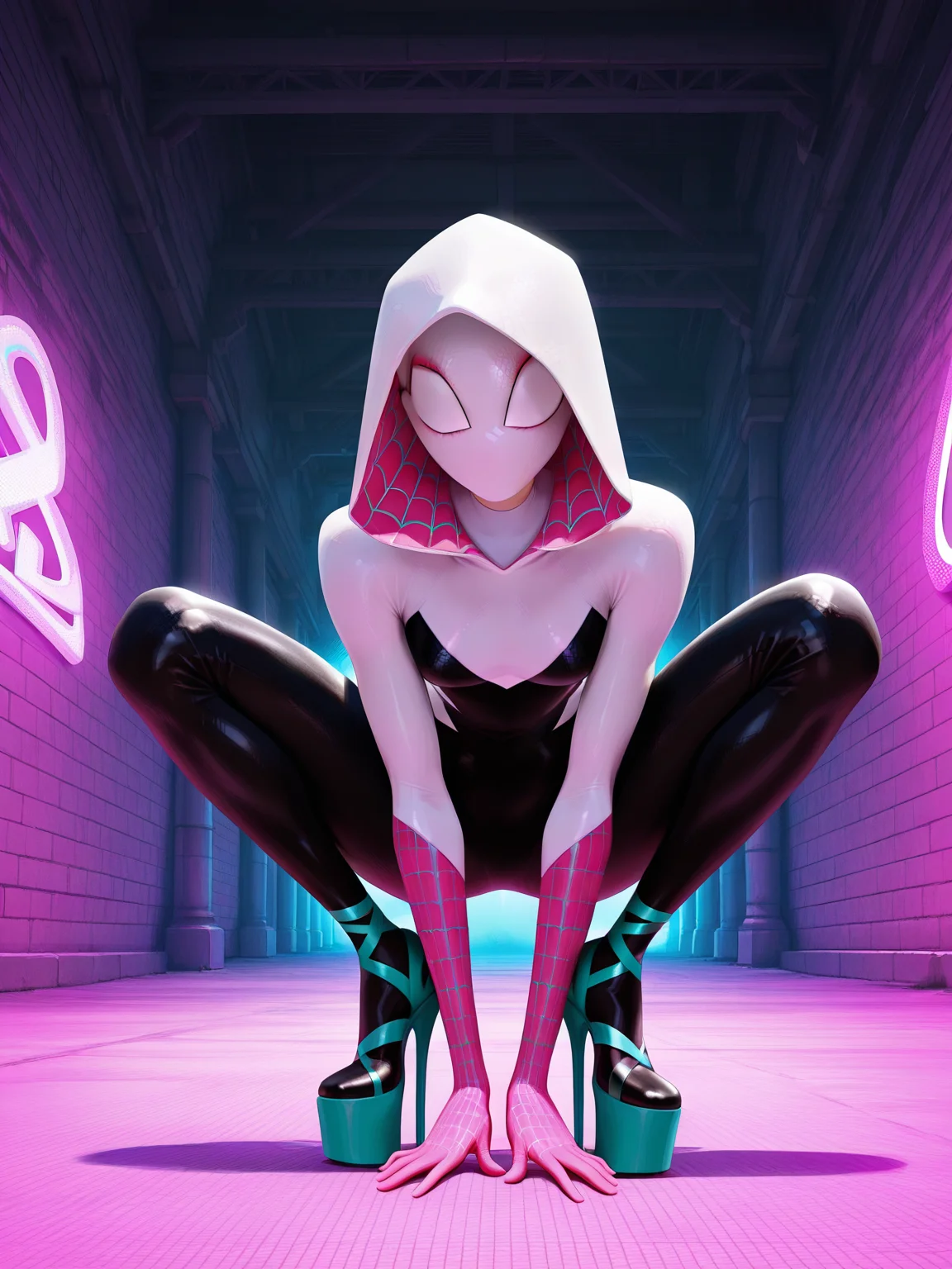 <lora:Gwen_StacyIL:1>1girl, superhero suit, hood up, mask, no eyes,
looking at viewer, squatting, front view, spreading legs, platform high heels, pants