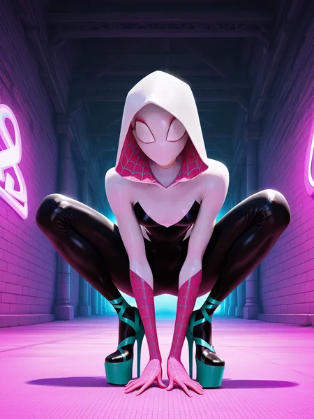 <lora:Gwen_StacyIL:1>1girl, superhero suit, hood up, mask, no eyes,
looking at viewer, squatting, front view, spreading legs, platform high heels, pants