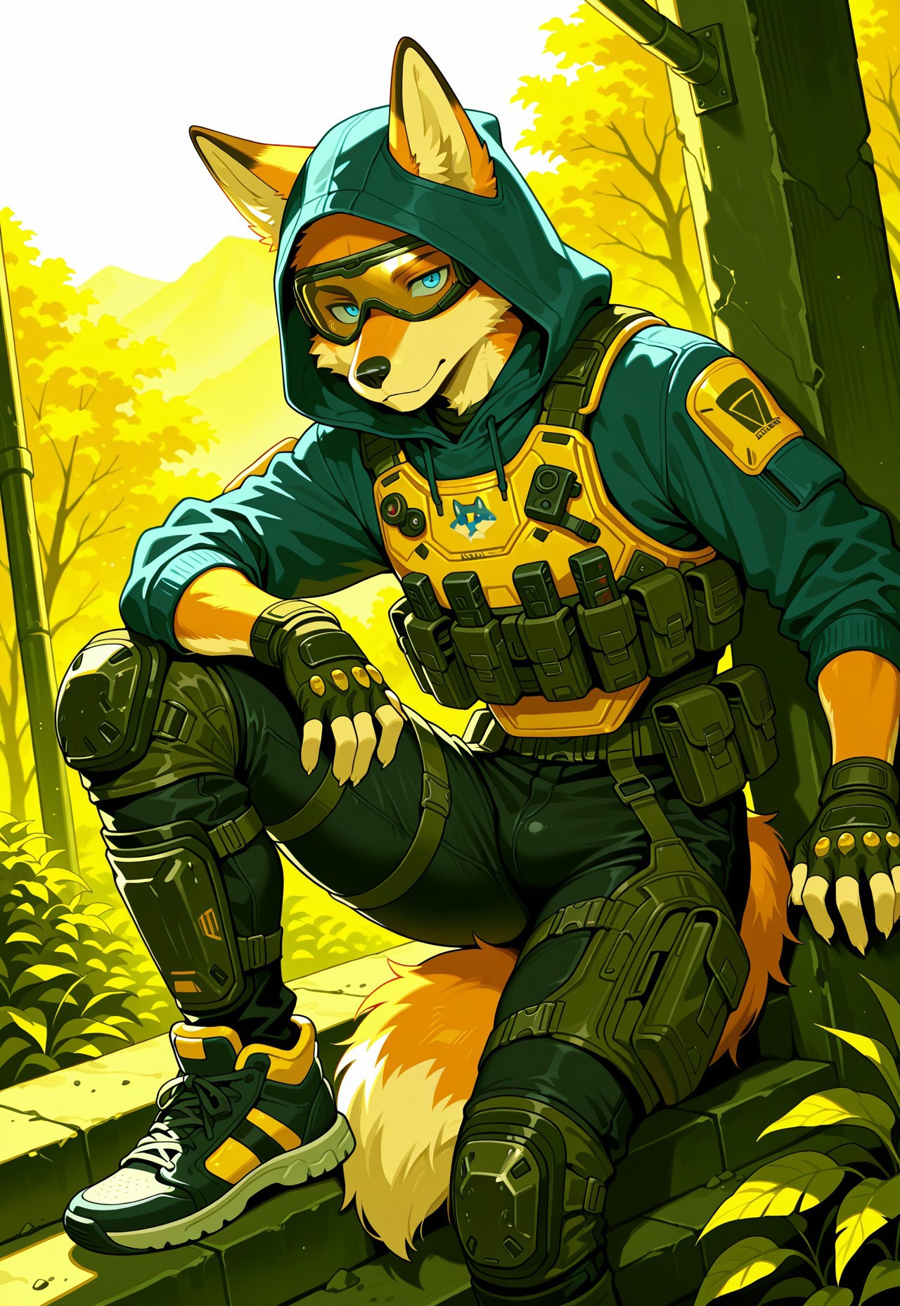 masterpiece,best quality, amazing quality,1boy, solo, fox, Furry fox, fluffy tail, 5 fingers on the left hand, 5 fingers on the right hand,  fox Blue eyes, black nose,  sneakers, black jeans, blue hoodie, tactical black body armor, yellow ski goggles on eyes under hood, hood, fingerless gloves, knee pads and shin guards, stalker and Titanfall style suit.