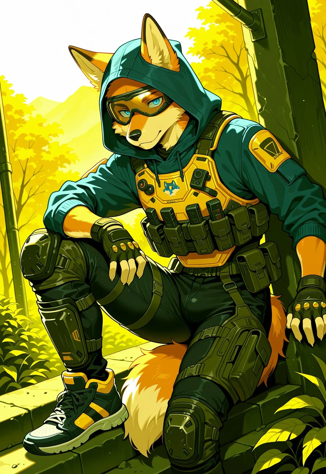 masterpiece,best quality, amazing quality,1boy, solo, fox, Furry fox, fluffy tail, 5 fingers on the left hand, 5 fingers on the right hand, fox Blue eyes, black nose, sneakers, black jeans, blue hoodie, tactical black body armor, yellow ski goggles on eyes under hood, hood, fingerless gloves, knee pads and shin guards, stalker and Titanfall style suit.