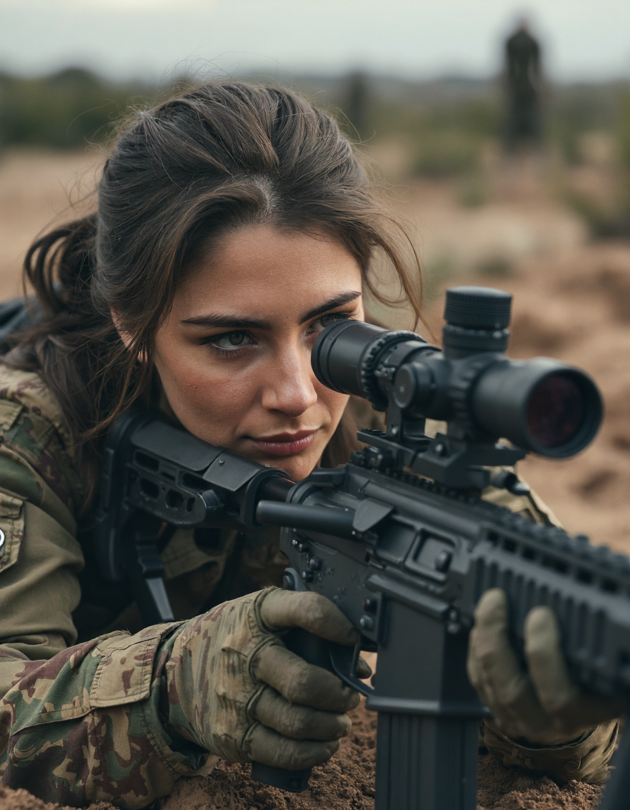 A female Marine sniper lies prone behind a sandbag bunker, her M40 rifle trained on an enemy position across no man's land. The camera is positioned from a high angle, capturing the intricate details of her uniform and equipment as well as the desolate landscape surrounding her. A subtle gradient effect enhances the contrast between light and dark, drawing attention to the subject's sharp features.