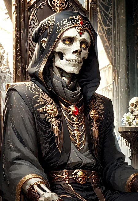 8k, score_9, score_8_up, score_7_up, Art Noveau, masterpiece, 1man (skeleton), (skull face), empty eye sockets, glowing yellow eyes, grey skin,
intricate black robe, intricate gold sash, black pants, black hood, gold trim, black capelet, high collar, pointy ears, long sleeves, long intricate gloves, emerald amulet. bracers,
sitting on throne, dark ruined palace, indoors,