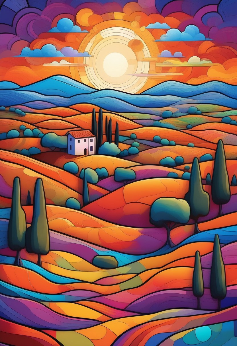 Rolling hills of Tuscany in a vibrant psychedelic style, with bold, surreal colors separated by sharp black lines, creating a stained-glass effect. A small village in the distance with terracotta rooftops and stone walls, stylized with vivid hues of purple, blue, and orange. Cypress trees and wildflowers rendered in exaggerated, kaleidoscopic patterns. Golden sunlight breaking through in fragmented beams, casting a dreamlike glow over the landscape. Highly detailed, surreal composition, inspired by psychedelic art and Italian countryside aesthetics, 8K resolution, vivid and trippy yet harmonious color palette, a mesmerizing and otherworldly mood.