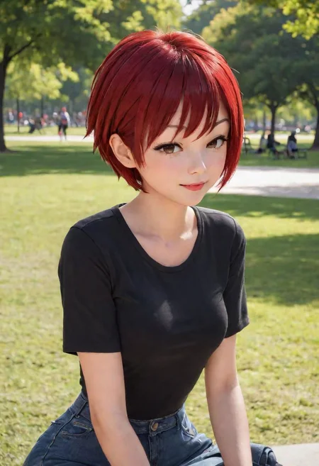 1girl,short hair,at the park,win red hair