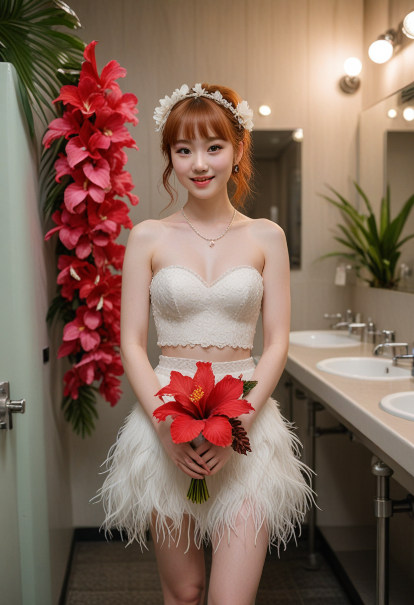 (medium full shot) of  (gorgeous bride) young woman, korean, dark brown eyes, pale skin, pale skin, brown eyes, petite, short ginger bangs hair,  wearing Feathered bandeau top with beaded straps, feather-trimmed mini skirt, feathered headpiece, feathered sandals, wedding veil with lace, heirloom pendant, holding a bouquet of tropical bouquet of orchids and hibiscus blooms, set in  public Toilet, Functional, no-frills space with vinyl flooring, partitioned stalls with stainless steel doors, large industrial-grade hand dryers, wall-mounted soap dispensers, central waste bin  , at night, laughing, arms crossed, Masterpiece,best quality, photorealistic, amazing quality, very aesthetic, extremely detailed face,
