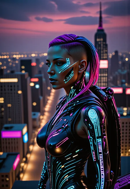 In the neon-drenched streets of a dystopian metropolis, a biomechanical cyborg woman with augments, stands atop a rain-soaked skyscraper at sunset, gazing out over the cityscape at dusk. Dimly glowing ice blue mechanical eyes. Her electric blue, toxic green and hot pink hair is styled in a sleek, undercut style with shaved sides. Her body is a fusion of human and machine, with visible circuitry and wires pulsing beneath her skin, and mechanical arms. She wears a nanotech tactical stealth-suit. The woman's presence seems to command the attention of the city itself. The mood is one of quiet intensity, as if she is poised on the brink of action, ready to unleash herself on the world below, perfection style. <lora:fluxAugments_v3_rank64_bf16-step01525:0.8>, <lora:flux/flux_realism_lora>, <lora:flux/aidmaImageUpgrader-FLUX-V0.1>, detailmaximizer,