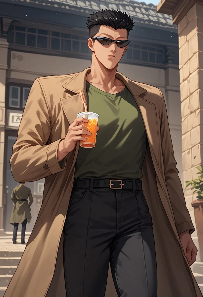 score_9, score_8_up, score_7_up, score_6_up, Expressiveh, Toguro, 1boy, male focus, sunglasses, black hair, pompadour, drink orange juice, green shirt, black pants, belt, trench coat, short hair