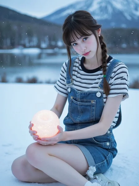 There are wonderful studio lights and various reflections,
18yo beautiful cute girl with blushing and female orgasm.skin naturally showing the texture of blood vessels and detailed pale skin,
--,
<lora:Nakajo_Ayami_f1:1>,she is Nakajo Ayami,
(Striped_tee:1.5),(Denim_overalls:1.4),(White_sneakers:1.3), A magical winter forest with sparkling snowflakes falling from the sky. A frozen lake beneath a lonely mountain with a snow summit. A gorgeous female (most beautiful girl in the world) with brown hair falling down her shoulders in a braid, she is sitting on her knees holding a magical glowing frost orb elevating slightly above her hands.she with a slit revealing her legs. she has big beautiful eyes with a light blue eye color and a light smile on her face. Her skin is an ethereal pale, almost translucent with a bluish hue, as if it has never felt warmth. The cold, frosty light casts soft shadows on her sharp, angular features, accentuating her high cheekbones and delicate jawline.Her makeup is subtle yet striking, with a frosty silver-blue eyeshadow that blends into her pale skin, drawing attention to her piercing ice-blue eyes. These eyes are sharp and full of wisdom, glowing softly with a mysterious, magical light. Long, thick eyelashes are dusted with a faint shimmer of frost, and her lips are a cool shade of frostbite blue, giving her an otherworldly, cold beauty.fantasy art style, perfect lighting, beautiful colors, 3D portrait, (8k resolution), artwork.,,#GXTå°éªæ°´æ¶ç
