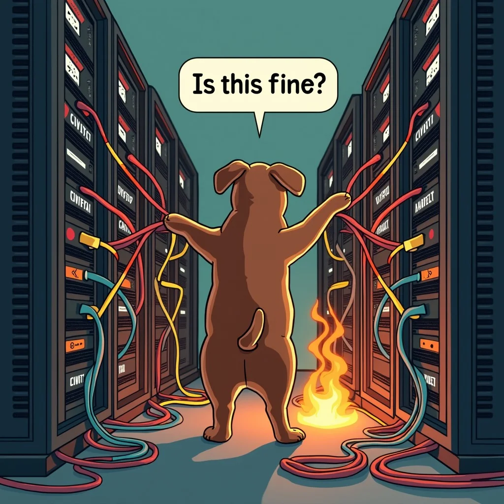 a brown dog stands with his back to the viewer in front of a server rack, ((In a panic he rips many colorful patch cables out of the server rack)), (on the server rack is the text: "CIVITAI"), (Above his head is a speech bubble with the text: "Is this fine?"), the server rack is burning and smoking,