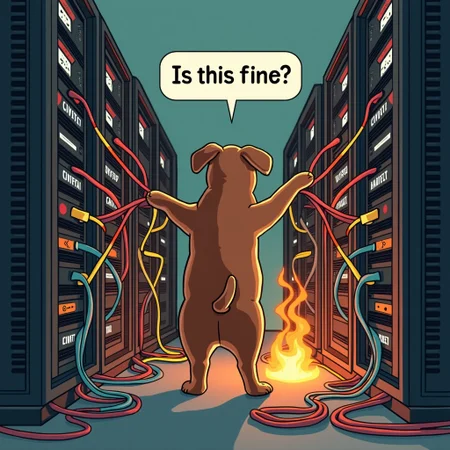 a brown dog stands with his back to the viewer in front of a server rack, ((In a panic he rips many colorful patch cables out of the server rack)), (on the server rack is the text: "CIVITAI"), (Above his head is a speech bubble with the text: "Is this fine?"), the server rack is burning and smoking,