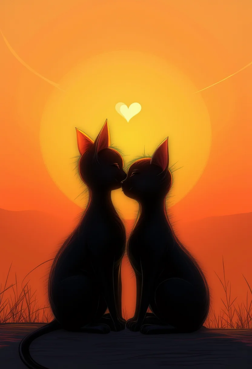 Beneath a romantic, hazy orange sunset, two feline souls intimately embrace one another in a simple yet profound moment of connection. The scene unfolds across an elegant canvas of subtle white hues, juxtaposed by stark black silhouettes that frame their heartwarming union. Inspired by the impressionistic movement, soft brushstrokes blend harmoniously to create ethereal gradients of color that capture the essence of love in the air. As viewers behold this tender embrace bathed in the golden glow of twilight, they too may feel the warmth and magic of an inviting, cheerful Valentine's Day moment. ,<lora:flux/fav/we-neon.safetensors:1.0:1.0>