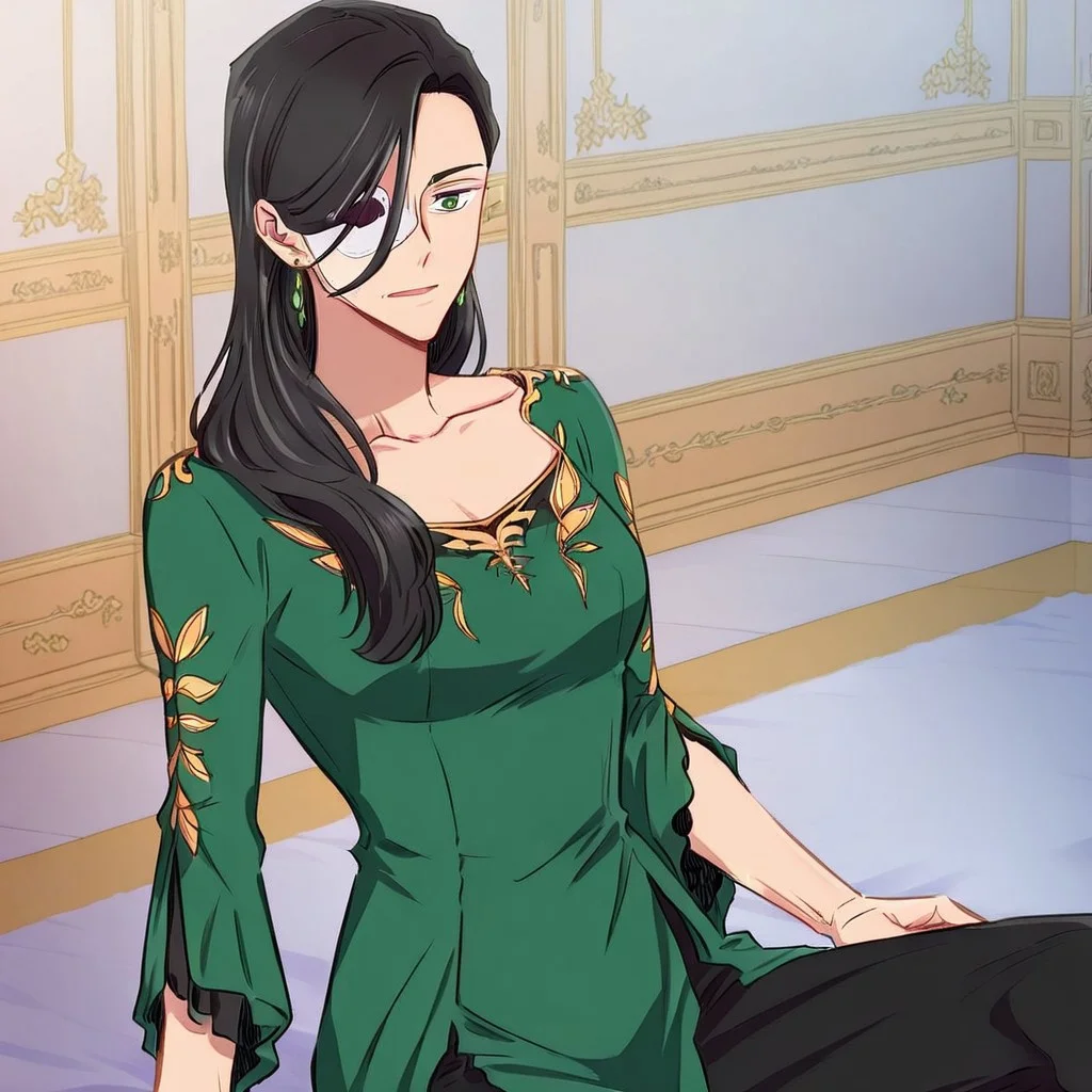solo, 1girl, long sleeves, green eyes, green dress, black pants, earrings, breast, Acelabenkan, black hair, eyepatch,