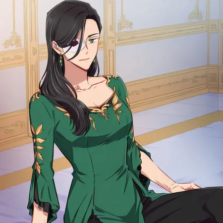 solo, 1girl, long sleeves, green eyes, green dress, black pants, earrings, breast,  Acelabenkan, black hair, eyepatch,