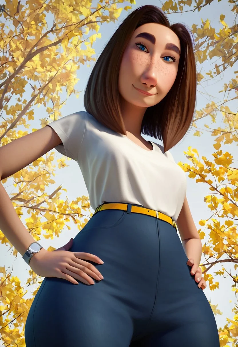 sarah (meetmyfamily), 1girl, long face, blue eyes, thick eyebrows, freckles, brown hair, medium hair, bob cut, white tucked in shirt, short sleeves, yellow belt, tight blue jeans, black high-heels, grey wristwatch, curvy, wide hips, thick thighs, score_8_up, score_7_up, BREAK, 1girl, solo, looking at viewer, cute, smirk, from below, hands on hips, head tilt, female focus, looking at viewer, detailed background, 4k, masterpiece, best quality, highly detailed, realistic, low-angle shot, realistic, 3d,
