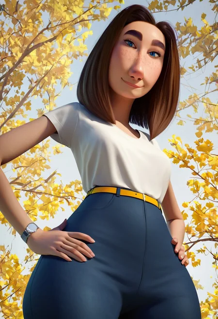 sarah (meetmyfamily), 1girl, long face, blue eyes, thick eyebrows, freckles, brown hair, medium hair, bob cut, white tucked in shirt, short sleeves, yellow belt, tight blue jeans, black high-heels, grey wristwatch, curvy, wide hips, thick thighs, score_8_up, score_7_up, BREAK, 1girl, solo, looking at viewer, cute, smirk, from below, hands on hips, head tilt, female focus, looking at viewer, detailed background, 4k, masterpiece, best quality, highly detailed, realistic, low-angle shot, realistic, 3d,