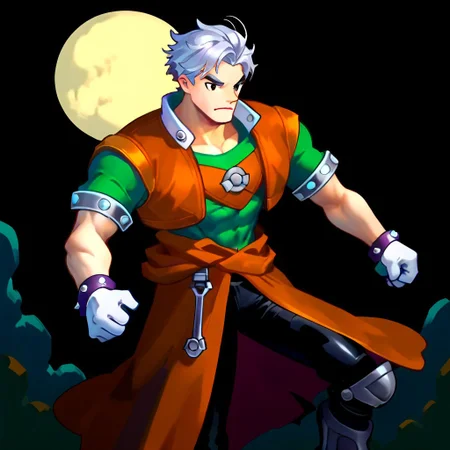 score_9, score_8_up, score_7_up, score_6_up, score_5_up, score_4_up, papermariostyle, 1boy, toned male, natgra, steel greaves, brown skirt, black pants, green shirt, leather vest, silver belts, white gloves, silver hair, night, moon, dark lighting
