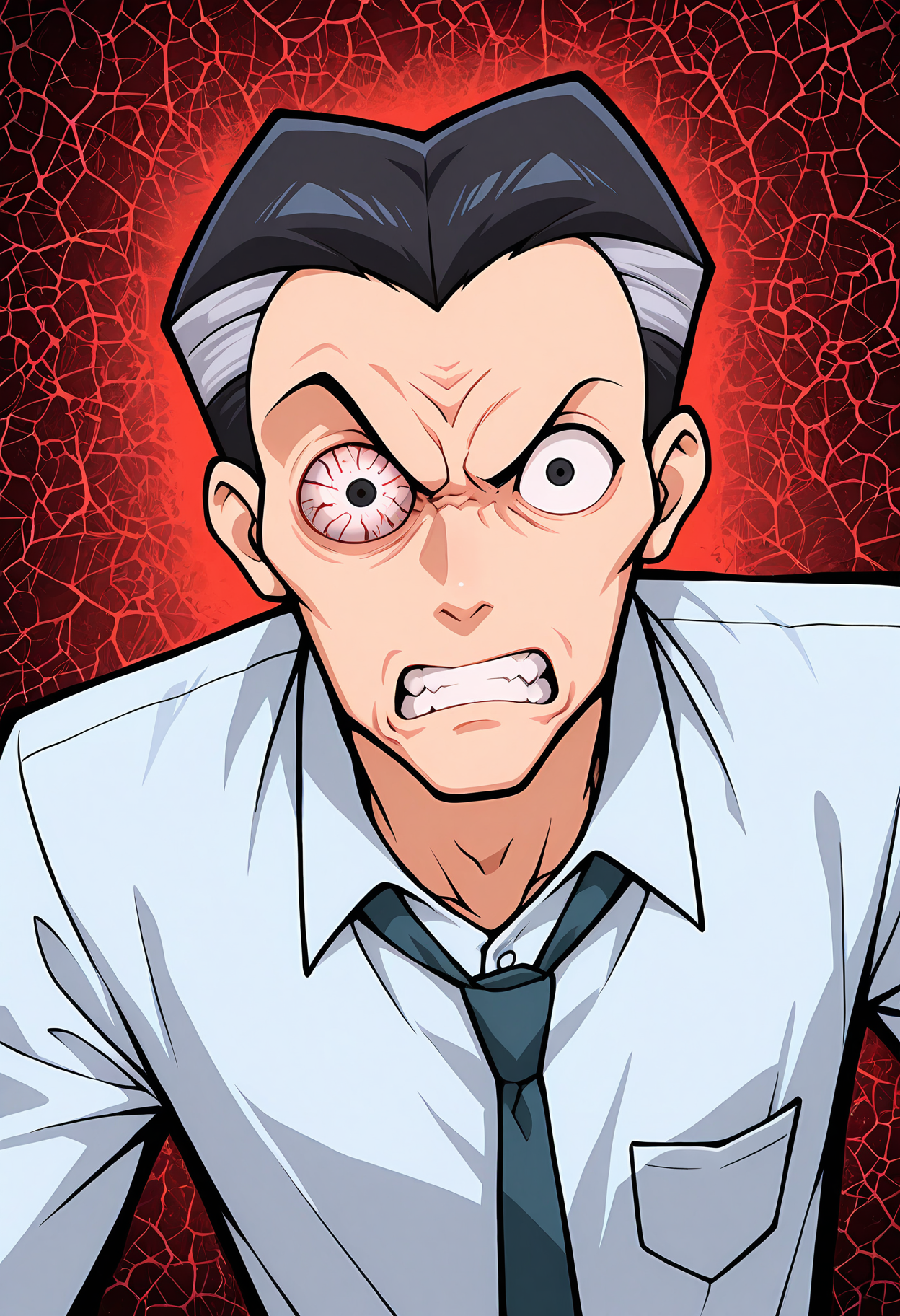 masterpiece, best quality, amazing quality, dynamic angle, dutch angle, abstract background, BREAK
solo, 1boy, d3m@rt1n0, black hair, multicolored hair, black eyes, one wide eye, angry, bloodshot eye, white shirt, necktie, breast pocket, BREAK
<lora:cfg_scale_boost:0.6>  <lora:Anthony_DeMartino_-_Daria_-_ILXL:1>