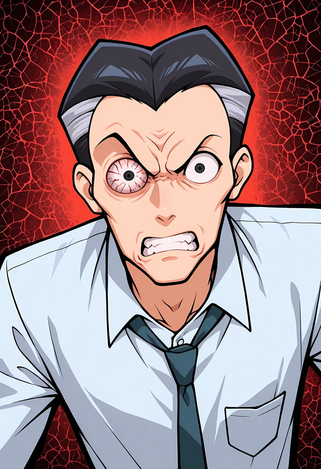 masterpiece, best quality, amazing quality, dynamic angle, dutch angle, abstract background, BREAK
solo, 1boy, d3m@rt1n0, black hair, multicolored hair, black eyes, one wide eye, angry, bloodshot eye, white shirt, necktie, breast pocket, BREAK
<lora:cfg_scale_boost:0.6>  <lora:Anthony_DeMartino_-_Daria_-_ILXL:1>
