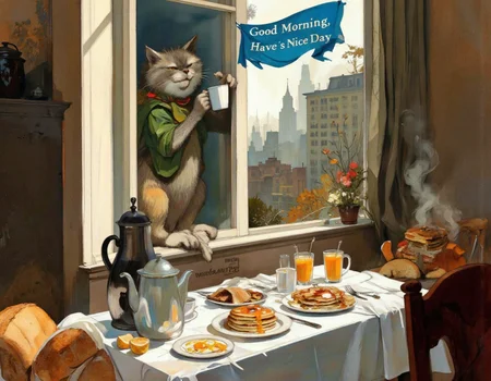 <lora:chzcat:1>, This image is a digital painting depicting a whimsical, surreal breakfast scene. The central figure is a large, anthropomorphic gray cat with a playful, mischievous expression, standing menacingly on the windowsill. The cat has a green scarf around its neck and is holding a coffee mug in its left paw. Its right paw is extended towards the table, as if reaching for something., 
The table, positioned in front of the window, is cluttered with breakfast items. On the left side, there are two loaves of bread, a coffee pot, and a teapot. In the middle, a stack of pancakes with syrup and a plate of scrambled eggs are arranged neatly. On the right side, there are two orange juices, one in a glass and the other in a mug. A white cloth is draped over the table, and a blue banner with the text "Good Morning, Have a Nice Day" hangs above the window., 
The background reveals a foggy, misty morning scene with a city skyline visible through the window. The colors are warm and inviting, with a mix of browns, greens, and oranges dominating the scene. The style of the painting is vibrant and expressive, with a touch of fantasy and whimsy.