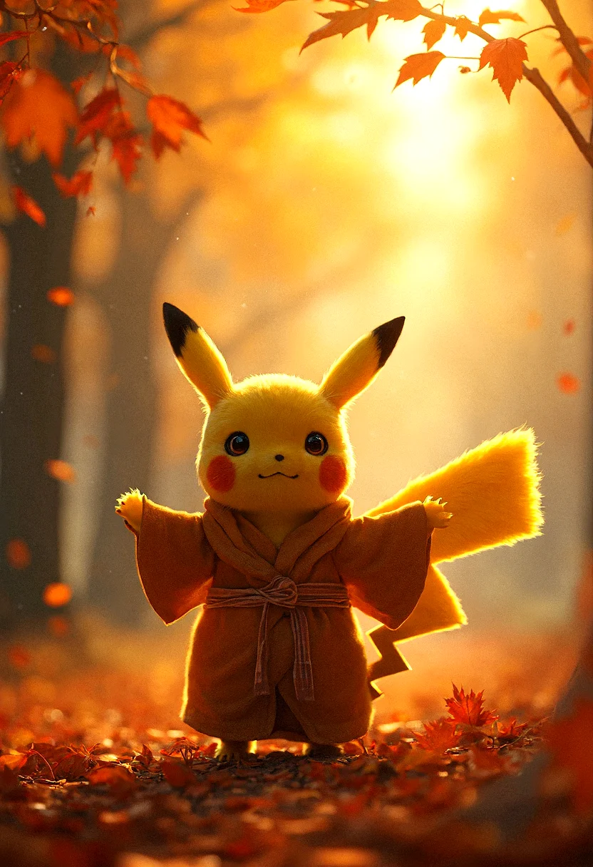 photorealistic Pikachu Standing with arms outstretched, flowing robes caught in a gentle breeze, midday soft sunlight filtering through autumn leaves, photorealistic rendering, ultra-high-definition textures, warm and cozy lighting, rich autumnal colors, detailed fur catching the soft light, peaceful and content atmosphere, cinematic composition, natural shadows and reflections, high-detail textures, smooth gradients, vibrant oranges, reds, and yellows, intricate leaf details, gentle breeze, serene forest environment.
Aesthetic, Warm tones, autumnal colors, natural, cozy atmosphere.
Additional detail, intricate details, sharp details, lens flare, rainbow lens flare, silhouette,