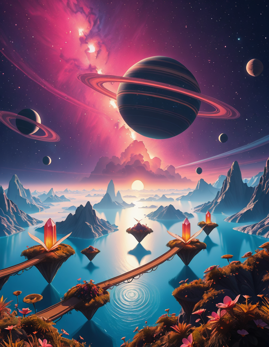 A breathtaking, high-resolution photograph of a celestial paradiseâa stunning, habitable planet floating in the vastness of space. The sky is a mesmerizing blend of deep purples, blues, and pinks, illuminated by twin suns casting golden light over the landscape. Towering crystal mountains shimmer in the distance, reflecting the vibrant hues of the nebula-filled sky. A vast, glowing ocean stretches across the horizon, its surface gently rippling with bioluminescent waves. Floating islands covered in lush, alien vegetation hover above the water, connected by natural bridges of luminescent vines. Exotic, radiant flowers bloom in every color imaginable, while gentle, ethereal creatures with translucent wings glide through the air. In the sky, a massive ringed gas giant looms majestically, its swirling clouds casting soft shadows over the dreamlike terrain. The air shimmers with floating particles of light, creating a surreal, otherworldly ambiance. The entire scene feels like a cosmic utopiaâtranquil, awe-inspiring, and untouched by time.
<lora:SDXLFaeTastic2400:0.4> <lora:extremely_detailed:0.4> extremely detailed,Celestial p4r4d1s3, <lora:Celestial_p4r4d1s3-i:1>, Masterpiece,best quality,hi res,8k,hi res,8k,award winning,(sharp focus, intricate, highly detailed),