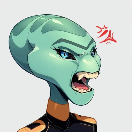score_9, score_8_up, score_8,source_furry,
1girl,
solo,
furry female,
alien,
looking at viewer,
smile,
uniform,
black uniform,
gold trim,
green skin,
green body,
upper body,
open mouth,
bald,
standing,
teeth,
<blue eyes:1.5>,
<black sclera:1.5>,
<simple background:1.5>,
<white background:1.5>,
<lora:Grand_Councilwoman_Pony_SDXL:1> grand_councilwoman,
<lora:90s4n1m3XLP:1> 90s4n1m3, angry,
teeth,
clenched teeth,
pop vein,