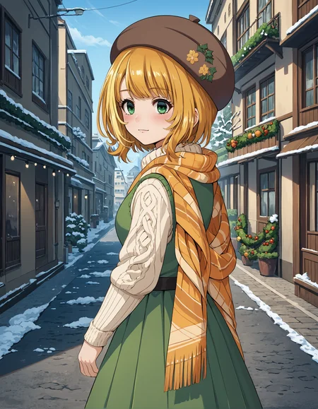 score_9, score_8_up, source_anime, 1girl, upper body, medium shot, detailed, mgrckonomiharuna, knmwtr, blonde hair, short hair, green eyes,brown beret, white sweater, orange shawl, green vest, black belt with bow, long green pleated skirt, outdoors, street, winter, snow, blush, (side view:0.6), <lora:mgrckonomiharuna_XL:0.95>