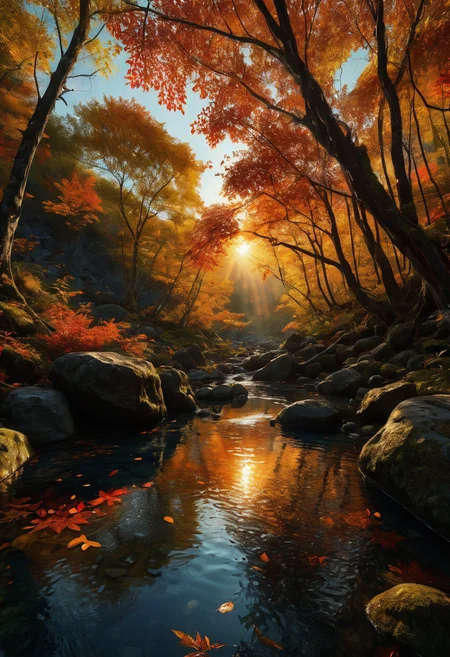 (translucent plunge pond in a magical claustrophobic forest chock full of trees with water surface completely covered in tons of floating autumn maple leaves:1.28), (filled with saturated multicolored stone boulders at the bottom of riverbed lit with caustics:1.2) (with mossy floating log and waterholes and glowing coral reefs at the bottom of pond:1.24), afternoon (moody atmosphere:1.08) golden (hour with godrays piercing through dark canopy branches:1.2), (bioluminescent-shikoku gleaming light:), (prismatic cohesive color grading), 4k, highres, best quality, dramatic, cinematic, epic, (concept art, digital art, realistic, professional masterpiece, raised view, dutch angle, establishing far shot, dynamic shot, (curvilinear perspective), sharp clarity:1.2), fine intricate details, great lighting, dappled soft lighting, volumetric lighting, detailed highlights, rim lighting