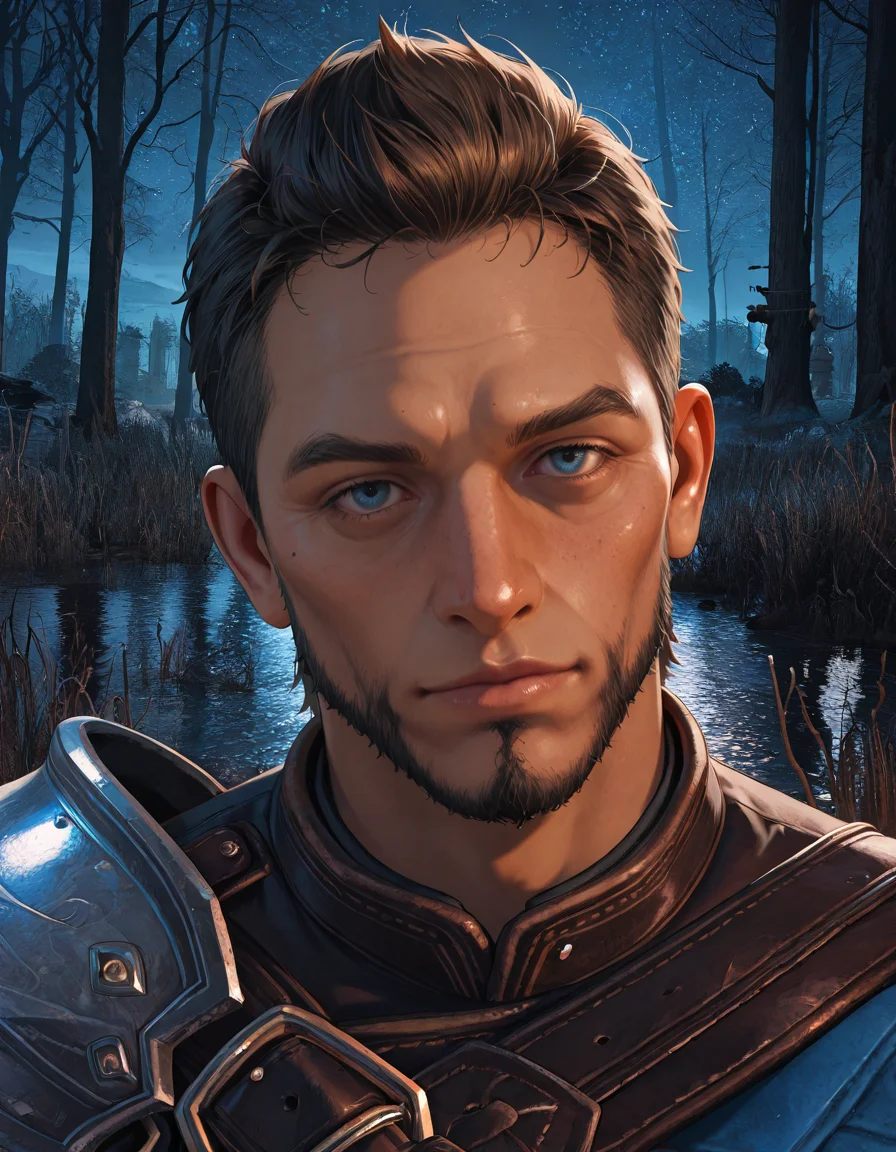 masterpiece, best quality, absurdres, newest, perfect quality, best quality, absolutely eye-catching, detailed background, intricate details, male focus, solo, realistic, <lora:Dragon Age Veilguard - Warden Tomasz - Illustrious_2-000004:0.7>, wtomasz, 1boy, mature male, blue eyes, outdoors, single pauldron, leather tunic, leather gauntlets, chest belt, wetland, night, portrait, looking at viewer, head tilt, portrait, no mustache