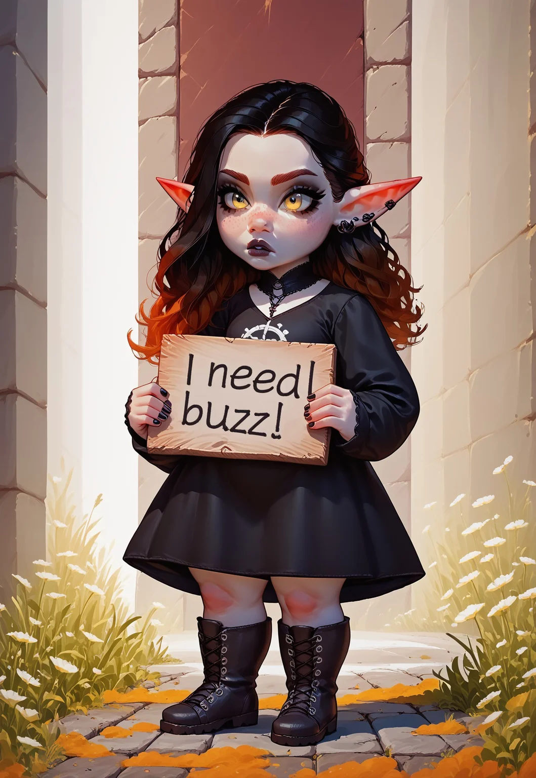 score_9, score_8_up, score_7_up, score_6_up,
Expressiveh, g0th1c, solo, full body, gothic, emo,
1girl, Cute, elf, pale skin, shortstack, long hair, red long hair, freckles, big yellow eyes, small chest, medieval dress, standing on the side if the road, hold sign, says "I need buzz", need_buzz, holding sign
Medieval streets background.