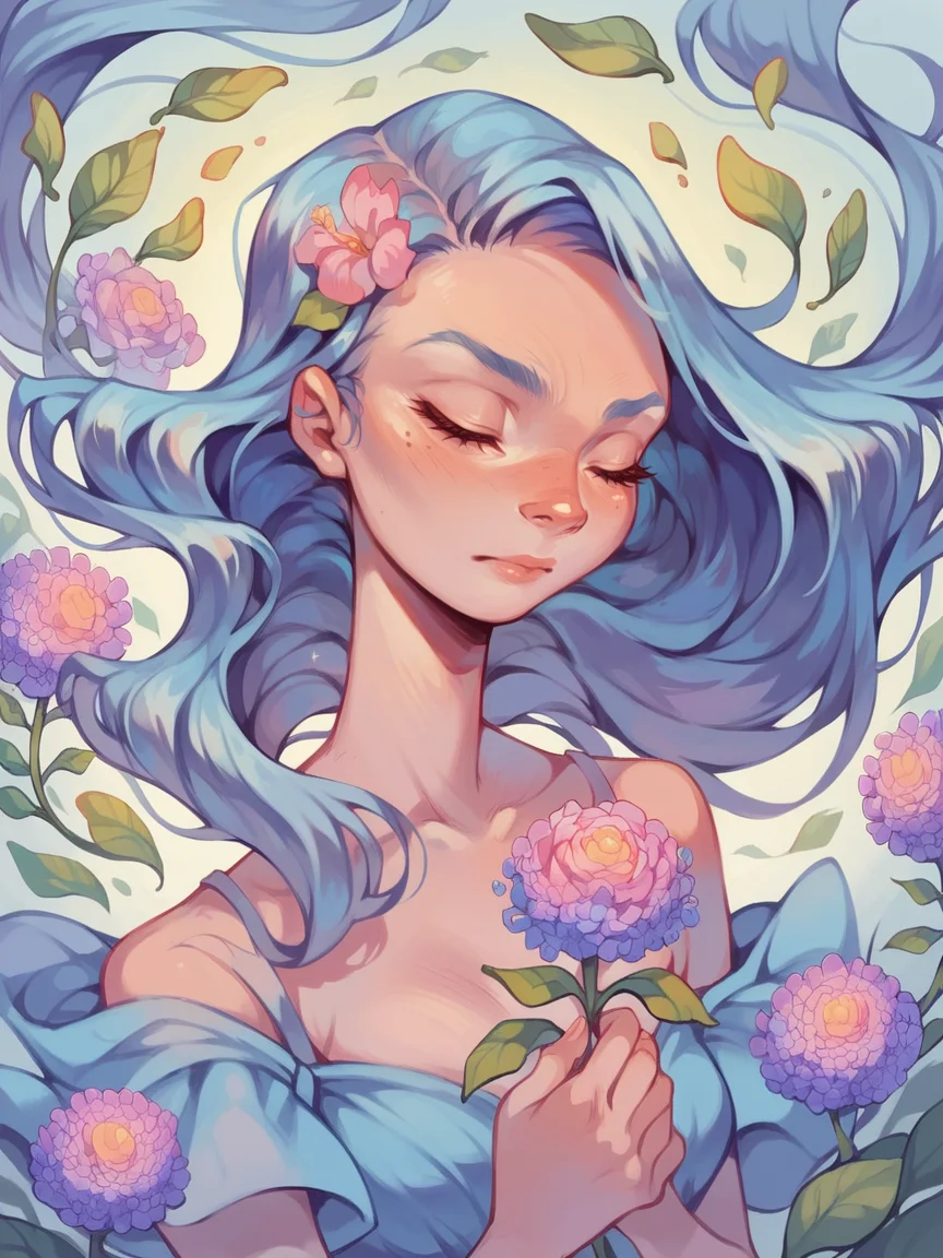 score_9, score_8_up, score_7_up, score_6_up, <lora:p3r3zXLP:0.8> p3r3z, 1girl, long hair, flower, closed eyes