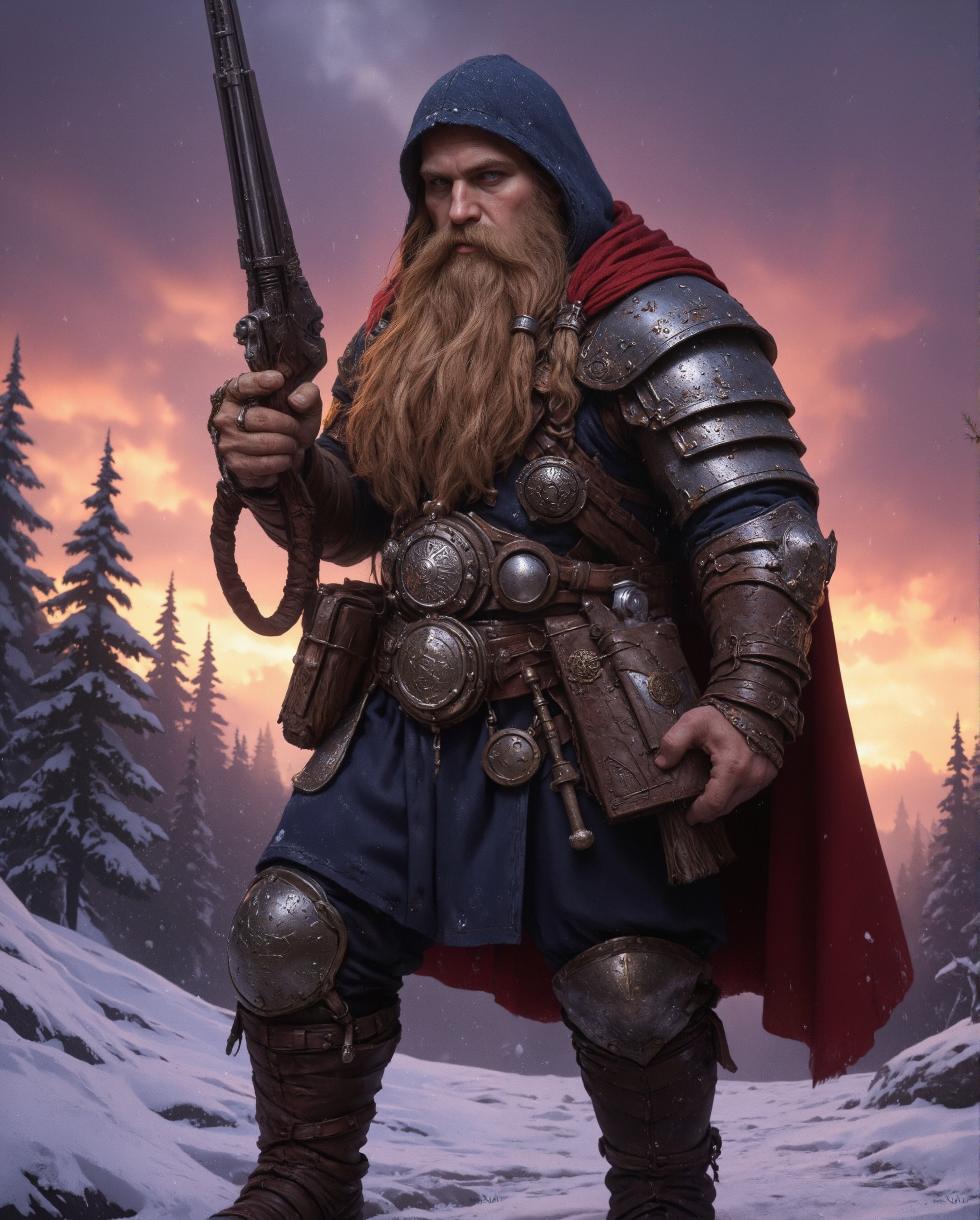 This image depicts a dwarf explorer or adventurer in a wintery setting, equipped with what appears to be a blunderbuss firearm. The artwork combines traditional fantasy dwarf elements with a more technological or steampunk aesthetic, creating an interesting fusion of styles. The dwarf is dressed for harsh weather, wearing a deep blue hooded cloak with red trim that billows dramatically behind him. The hood is drawn up over his head, casting subtle shadows across his face while framing his long brown beard that flows down his chest in typical dwarven fashion. His expression is stern and weathered, with intense eyes that suggest both experience and determination. His armor appears to be a combination of practical adventuring gear and technological enhancements. The armor plates feature circular metallic emblems or mechanisms attached at various points - on his shoulder, knee, and other strategic locations. These circular devices have intricate patterns or runes etched into their surfaces, suggesting they might serve both decorative and functional purposes. The armor itself is predominantly dark-colored, with red leather straps and bindings providing contrast and presumably helping to secure the various pieces together. The blunderbuss in his hands is rendered with careful attention to detail, showing the characteristic flared barrel typical of this type of firearm. The weapon appears to be well-crafted, with metalwork that matches the styling of his armor, suggesting it's a piece of dwarven engineering. He holds it in a ready position, suggesting alertness or anticipation. The background setting effectively creates a sense of harsh winter conditions. Snow-covered ground stretches behind the figure, while evergreen trees can be seen silhouetted against a dramatic sunset sky. The sky itself is particularly striking, featuring a gradient from deep purples to warm oranges, with gently falling snow visible against the colored backdrop. This creates a beautiful contrast of warm and cool tones that adds depth to the scene. The lighting in the image is particularly well-executed, with the sunset providing natural backlighting that creates rim lighting effects on the dwarf's figure and catches the edges of his cloak. This lighting helps separate him from the background while adding to the atmospheric quality of the scene. The overall composition has a heroic quality to it, with the dwarf's stance and the low angle perspective making him appear imposing despite the typically short stature associated with dwarves. The billowing cloak adds movement and drama to what could otherwise be a static pose. The art style balances realism with fantasy elements - the technical details of the armor and weapon are rendered with practical consideration, while the dramatic lighting and atmosphere lean more toward artistic interpretation. The color palette is particularly effective, using the contrast between the cool blues of the cloak and snow against the warm sunset colors to create visual interest. The overall impression is of a capable and well-equipped dwarf adventurer, perhaps a scout or explorer, ready to face whatever challenges await in the harsh winter environment. The combination of traditional dwarven elements with more advanced technology creates an intriguing character that suggests a rich background story and an interesting fantasy world setting.