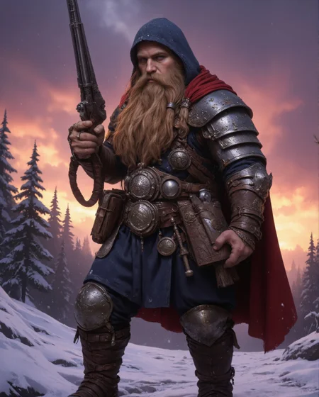 This image depicts a dwarf explorer or adventurer in a wintery setting, equipped with what appears to be a blunderbuss firearm. The artwork combines traditional fantasy dwarf elements with a more technological or steampunk aesthetic, creating an interesting fusion of styles. The dwarf is dressed for harsh weather, wearing a deep blue hooded cloak with red trim that billows dramatically behind him. The hood is drawn up over his head, casting subtle shadows across his face while framing his long brown beard that flows down his chest in typical dwarven fashion. His expression is stern and weathered, with intense eyes that suggest both experience and determination. His armor appears to be a combination of practical adventuring gear and technological enhancements. The armor plates feature circular metallic emblems or mechanisms attached at various points - on his shoulder, knee, and other strategic locations. These circular devices have intricate patterns or runes etched into their surfaces, suggesting they might serve both decorative and functional purposes. The armor itself is predominantly dark-colored, with red leather straps and bindings providing contrast and presumably helping to secure the various pieces together. The blunderbuss in his hands is rendered with careful attention to detail, showing the characteristic flared barrel typical of this type of firearm. The weapon appears to be well-crafted, with metalwork that matches the styling of his armor, suggesting it's a piece of dwarven engineering. He holds it in a ready position, suggesting alertness or anticipation. The background setting effectively creates a sense of harsh winter conditions. Snow-covered ground stretches behind the figure, while evergreen trees can be seen silhouetted against a dramatic sunset sky. The sky itself is particularly striking, featuring a gradient from deep purples to warm oranges, with gently falling snow visible against the colored backdrop. This creates a beautiful contrast of warm and cool tones that adds depth to the scene. The lighting in the image is particularly well-executed, with the sunset providing natural backlighting that creates rim lighting effects on the dwarf's figure and catches the edges of his cloak. This lighting helps separate him from the background while adding to the atmospheric quality of the scene. The overall composition has a heroic quality to it, with the dwarf's stance and the low angle perspective making him appear imposing despite the typically short stature associated with dwarves. The billowing cloak adds movement and drama to what could otherwise be a static pose. The art style balances realism with fantasy elements - the technical details of the armor and weapon are rendered with practical consideration, while the dramatic lighting and atmosphere lean more toward artistic interpretation. The color palette is particularly effective, using the contrast between the cool blues of the cloak and snow against the warm sunset colors to create visual interest. The overall impression is of a capable and well-equipped dwarf adventurer, perhaps a scout or explorer, ready to face whatever challenges await in the harsh winter environment. The combination of traditional dwarven elements with more advanced technology creates an intriguing character that suggests a rich background story and an interesting fantasy world setting.