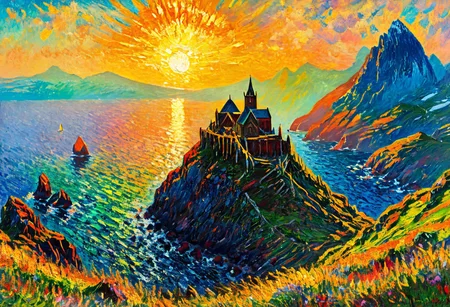 Witcher 3 landscape, ((Skellige, Kaer Trolde)), cmnt, style of Monet, wallpaper style, vibrant beautiful colors, highly detailed, aesthetic, great lighting, extremely detailed, award winning, perfect composition, a rich and complex image, a vibrant tissue of hues and textures captured digitally, best quality, captivating, intricately detailed, hyper detailed, maximalist style, sharp focus, dynamic lighting, superb composition, finest details, highest aesthetics, best quality, sharp focus, high contrast, stylized, clear, colorful, ultra quality, 8k, best quality, masterpiece,midjourneyv6.1