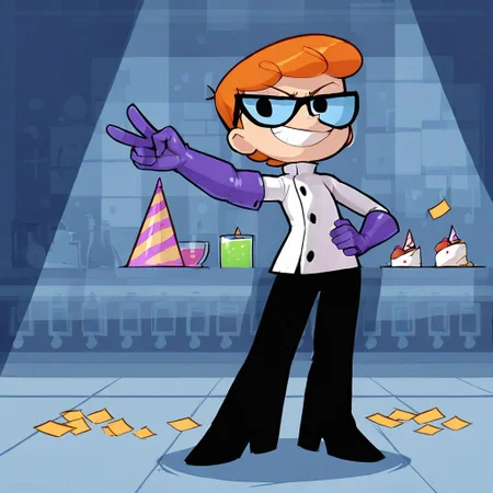 score 9 up, score 7 up, score 8 up, 1boy, short male, <lora:dexter:0.8>, solo, lab coat, purple elbow gloves, eyewear, orange hair, dexter, black pants, black shoes, standing, looking at viewer, laboratory, smirk, party hat, confetti, balloons, birthday cake on table, giant computer, peace sign, hand on hips, machinery