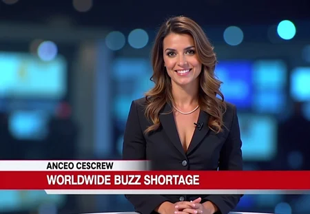 Beautiful anchor journalist woman presenting TV news, with a lowerthird saying "WORLDWIDE BUZZ SHORTAGE" like a nation wide broadcast news channel giving a scandal news to the nation