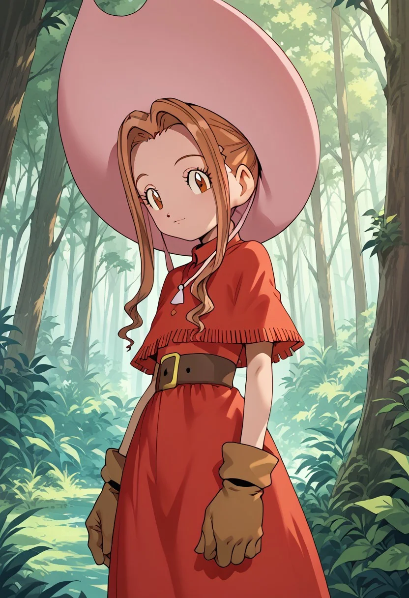 score_9, score_8_up, score_7_up, highres, high quality, digimon, 1girl, mimi, long hair, sidelocks, ponytail, brown eyes, red dress, capelet, brown gloves, belt, skirt, cowboy hat, standing in the forest,