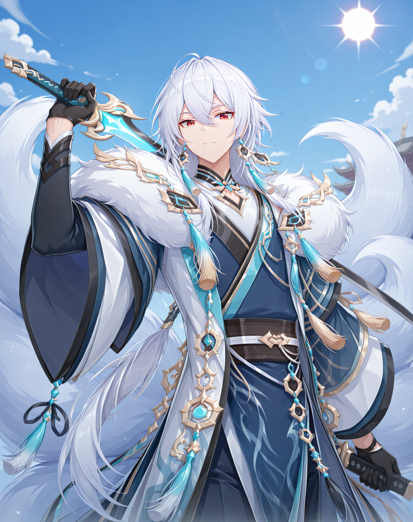 masterpiece, best quality, absurdres, very aesthetic,
1boy, solo, yaoi, male focus,
cowboy shot, upper body, looking at viewer,
<lora:AsinT_FSI:1> asintfsi, red eyes, hair between eyes, long hair, white hair, fox tail, multiple tails,
holding weapon, holding sword,
black gloves, chinese clothes, tassel, fur trim, long sleeves, wide sleeves, pants, black footwear, shirt,
jewelry, earrings,
outdoors, day, blue sky, sun,