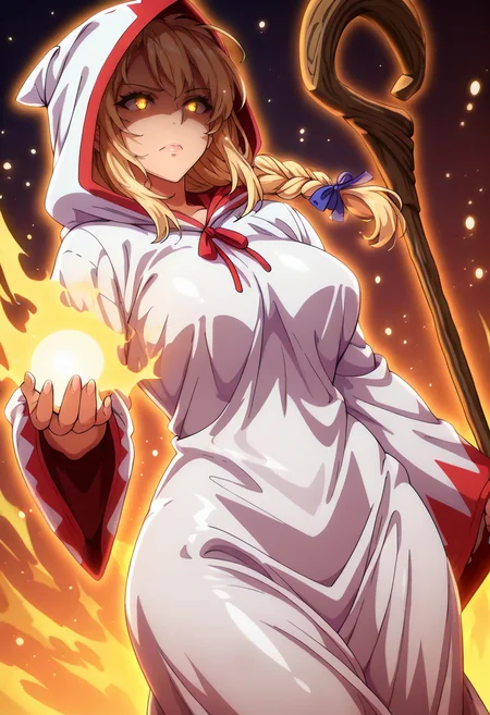 masterpiece, best quality, anime coloring, shiny skin, <lora:antechinusStyle_illusXL_Incrs_v2-000016:1>, 1girl,white mage \(final fantasy\), robes,blonde hair,hood up,holding wooden staff,casting spell,golden glow,light particles,cowboy shot,aura,wind,dutch angle,wide hips,golden eyes,glowing eyes,shaded face,wide hips,long hair,single braid,hair ribbon