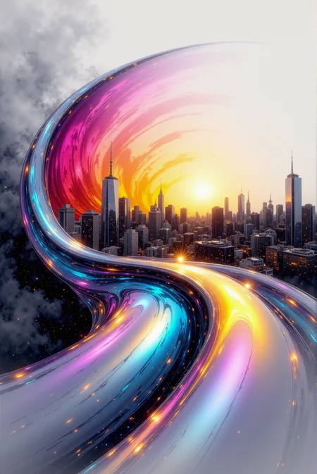 <lora:Vibrantly_Abstract_style:0.9> VibrantlyAbstract style. (a fine color ink lineart sketching of a (silhouette of a city) with a glossy shiny outline vibrant colors (reflective:1.05) volumetric splash of glary oil paint, colorful, flares, best quality, elegant, sharp clear art:1.1).
(Satin-metallic fluid twists gracefully through a gradient void, its surface reflecting soft pearlescent light in silver and bronze hues that cascade across each contour; the entire form flows in a seamless helix, with volumetric shadows deepening around its folds and curves, enhancing dimensional fluidity; illuminated highlights sharpen along its crest lines, revealing a brushed micro-texture beneath the sheen; the backdrop fades into smooth graphite grays, allowing the central form to dominate as a sculptural essence of kinetic elegance, poised between abstraction and minimalism:0.9).