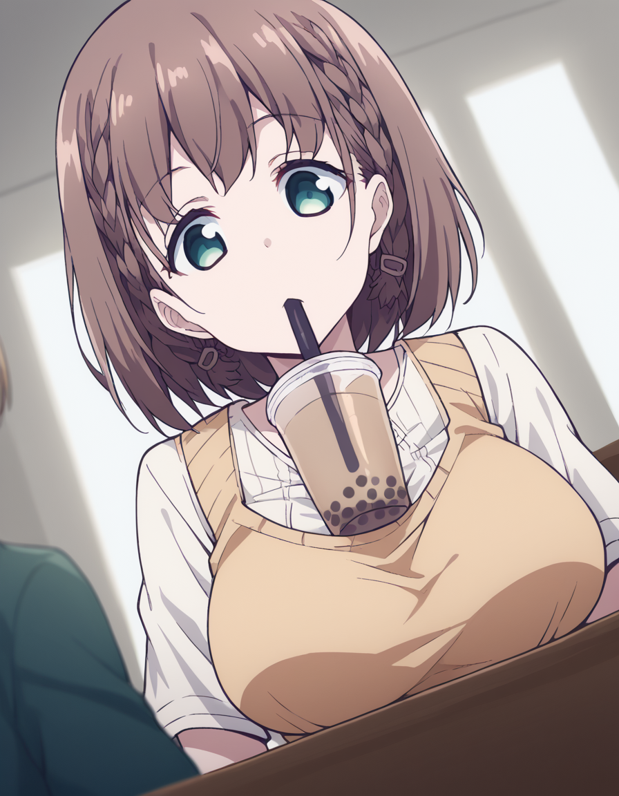 score_9, score_8_up, score_7_up, source_anime, <lora:tawawa-ai-s1-ponyxl-lora-nochekaiser:1>, ai, short hair, brown hair, green eyes, braid, side braid, large breasts,, <lora:bubble-tea-challenge-ponyxl-lora-nochekaiser:1>, bubble tea challenge, bubble tea, object on breast, drinking straw, drinking straw in mouth, drinking, cup,, indoors, sitting, looking down, , cowboy shot, dutch angle