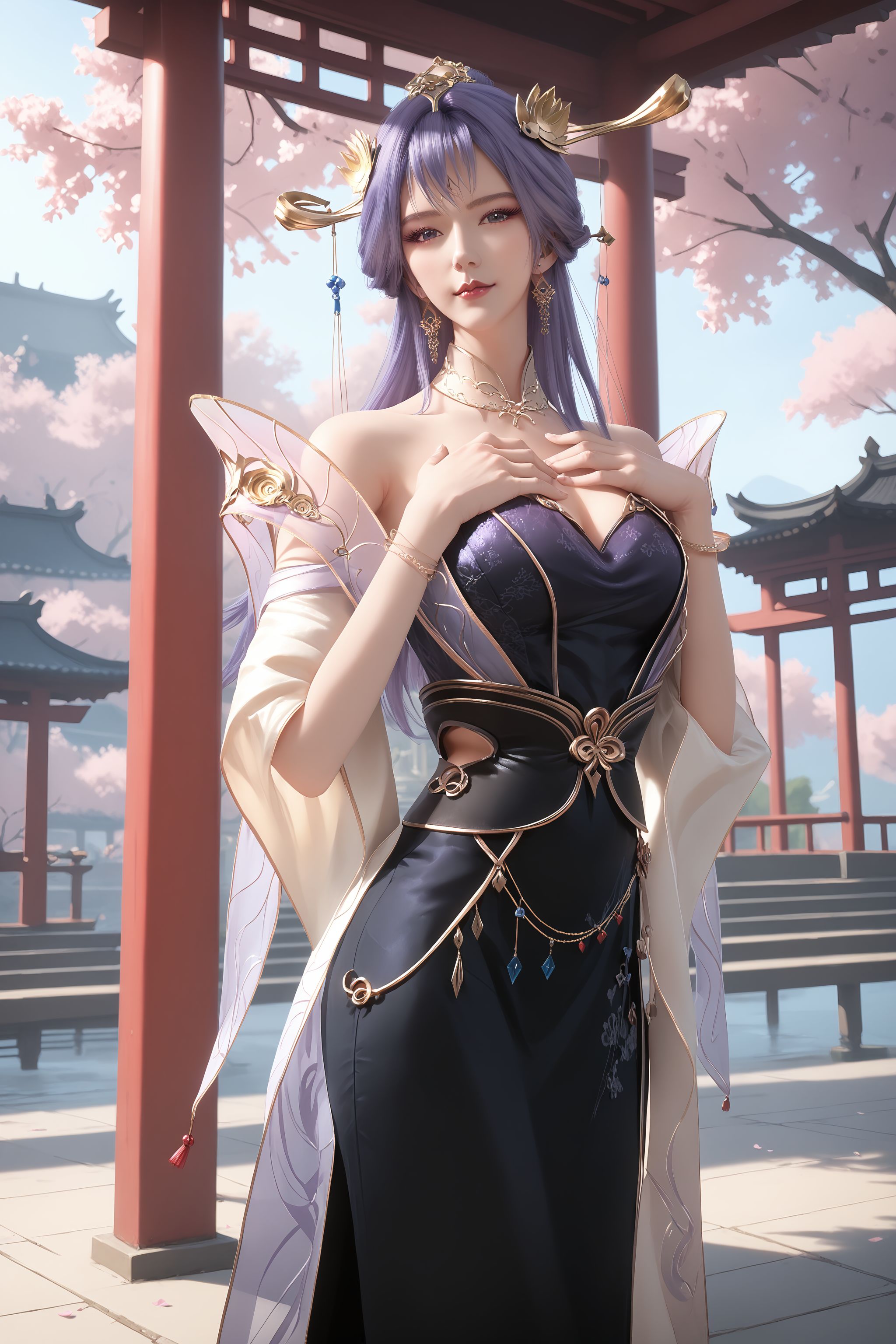 score_9, score_8_up, score_8, source_real,real skin, rating_explicit, mature female, ExpresiveH, best quality, unreal engine,game,cg, very aesthetic, CG, masterpiece, ultra high res, highres, More Details, high rating,Intricate and refined delicate details,  looking at viewer,
<lora:age_slider_v4:4>,
<lora:tianqiong:1>, 1girl, jewelry, solo, dress, hair ornament, bracelet, long hair, chinese clothes, earrings, black dress, purple hair, bare shoulders, east asian architecture,  Cherry blossom, tree, hand on own chest,