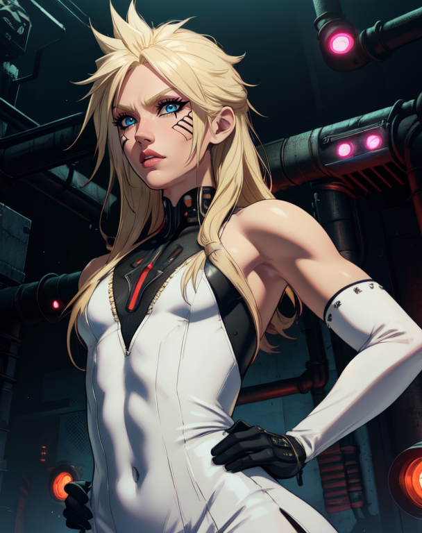 Cloud, long blonde hair, blue eyes, solo,  eyeliner,  otoko no ko,  
upper body, eyeliner,  lip gloss,   dark makeup,  serious, 
hips,  arms behind back,  
,flat chest, white dress,  black elbow gloves, night, industrial, cyberpunk,
standing, pose, 
 (insanely detailed, beautiful detailed face, masterpiece, best quality)  <lora:CloudFB-10v6:0.7>