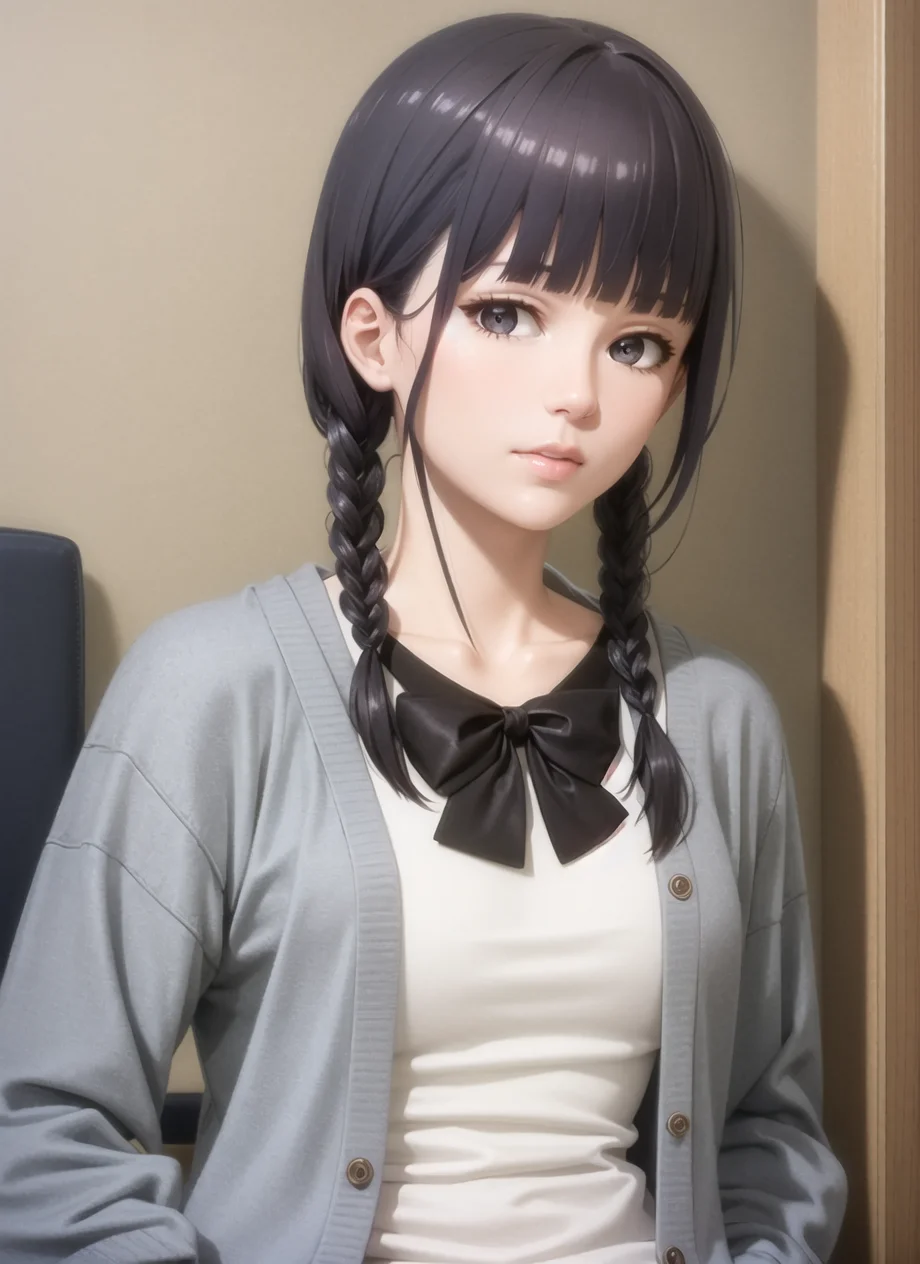 (realistic:1.5), 1girl, solo, <lora:gundou_misuzu-04:0.6>, gundou_misuzu, alternate hairstyle, twin braids, sidelocks,  japanese, teen, looking at viewer,  indoors, cardigan, grey cardigan, open cardigan, long sleeves, dress shirt, white shirt, portrait, messy hair