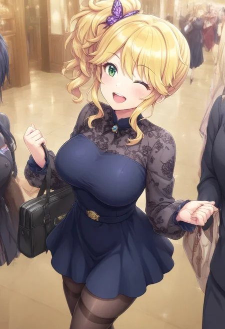 prefect lighting,very aesthetic,prefect hands,best quality,
intricate details,highly detailed background,(masterpiece:0.9),high quality,lustrous_skin,skindentation,(zPDXL3),
ultra delicate hair,
face_detail,
skin_detail,<lora:cfg_scale_boost>,
lustrous_skin,skindentation,
shiny skin, masterpiece,best quality,ultra-detailed, blonde hair, st_izumi, butterfly hair ornament, side ponytail, green eyes, smiling, dark blue dress, one eye closed, walking, open mouth, talking, hand bag, looking away, happy