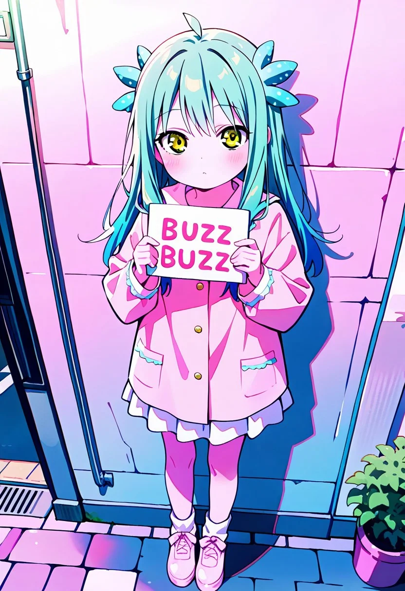 masterpiece, best quality, Axolotl family, cute, very cute, street, against a wall, holding a sign with text: "Need Buzz", pastel theme, kawaii, high detail